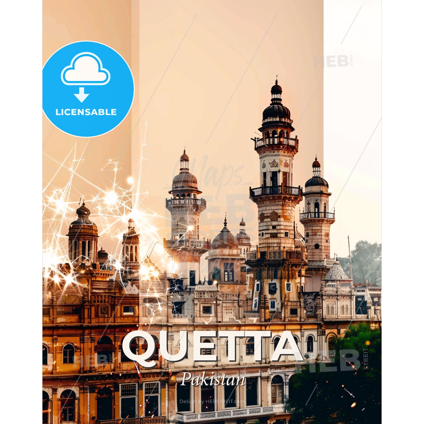 Quetta Skyline Composite Art, Local Icon Architecture - A building with towers and lights - Square format print template