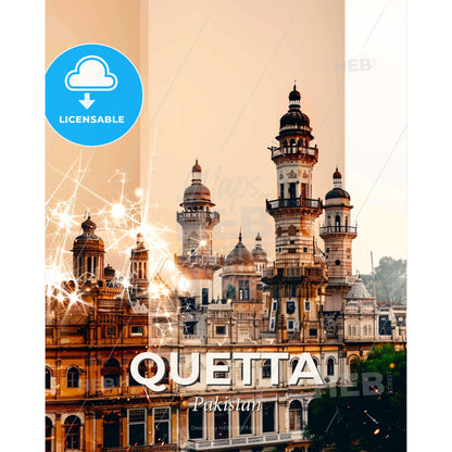 Quetta Skyline Composite Art, Local Icon Architecture - A building with towers and lights - Square format print template