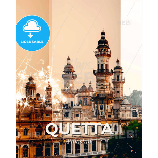 Quetta Skyline Composite Art, Local Icon Architecture - A building with towers and lights - Square format print template