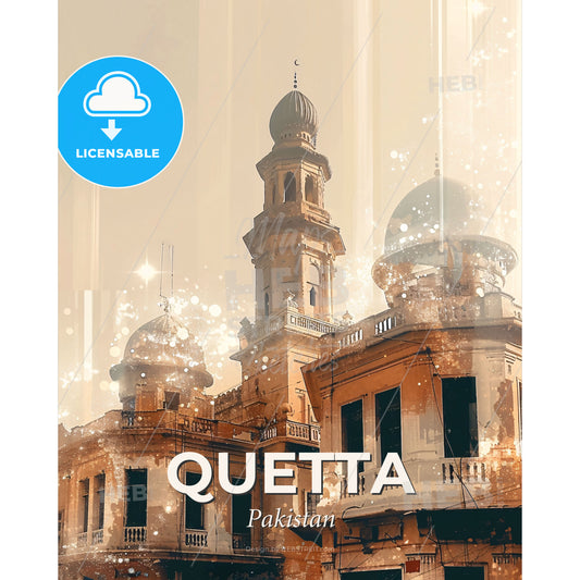 Quetta: Double Exposure City Skyline Composite Art - A building with a tower - Square format print template