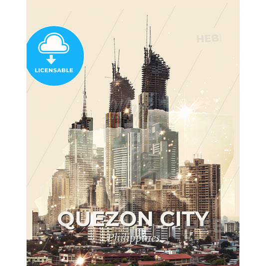 Quezon City Skyline Double Exposure Poster Art - A city with many tall buildings - Square format print template