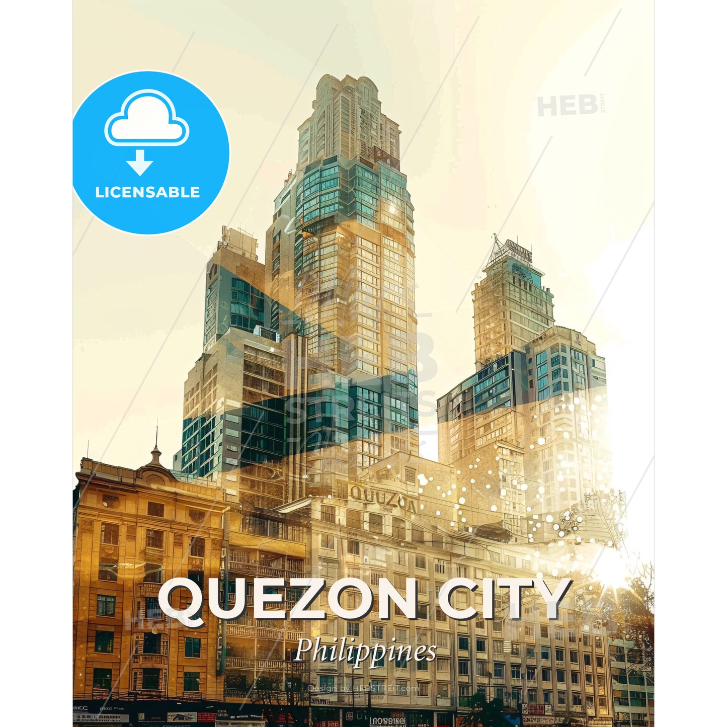 Quezon City Skyline Iconography Composite Poster Art - A city skyline with sun shining through the windows - Square format print template