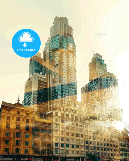 Quezon City Skyline Iconography Composite Poster Art - A city skyline with sun shining through the windows