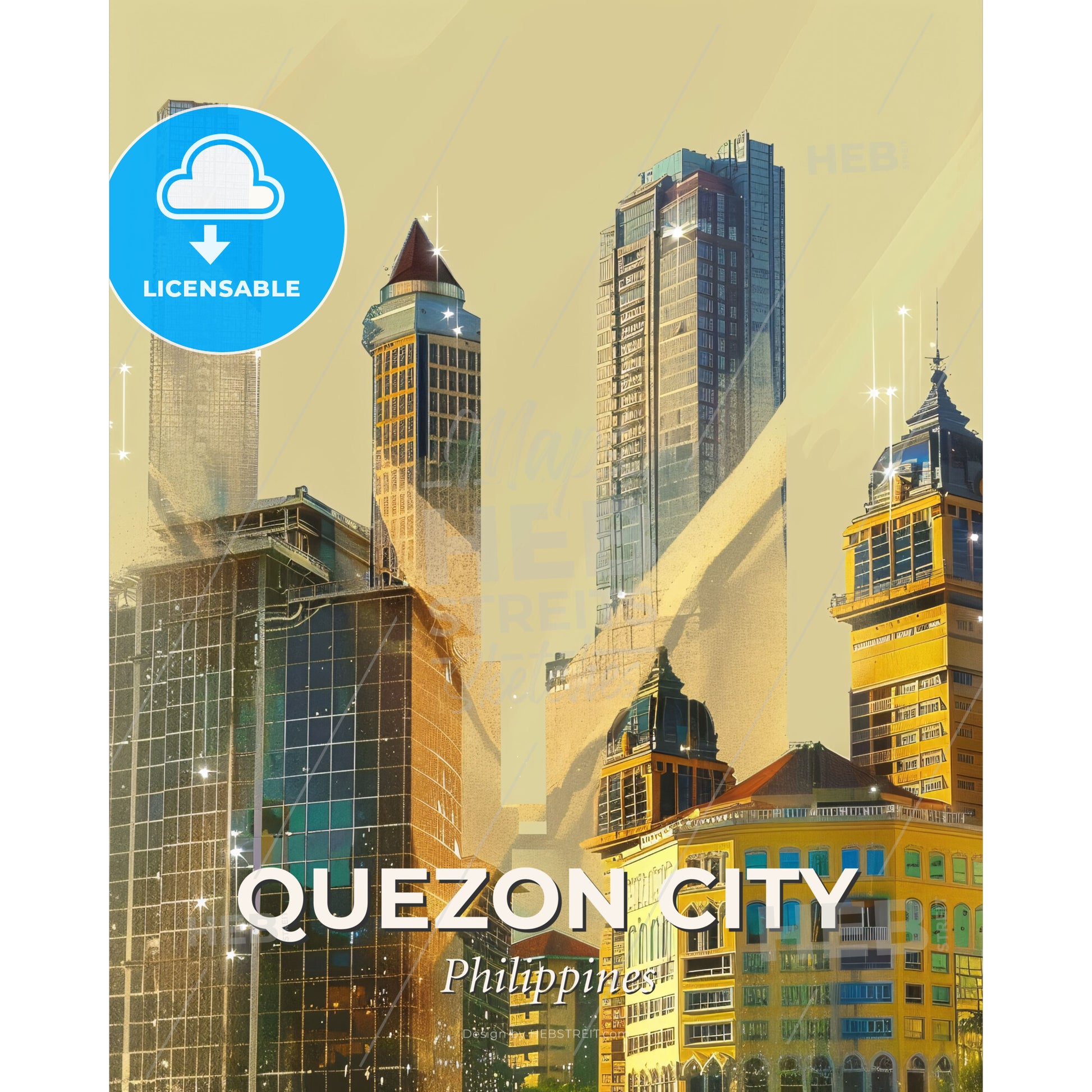 Quezon City Skyline Art - Beige Backlit Sparkle Print - A group of tall buildings - Square format print template