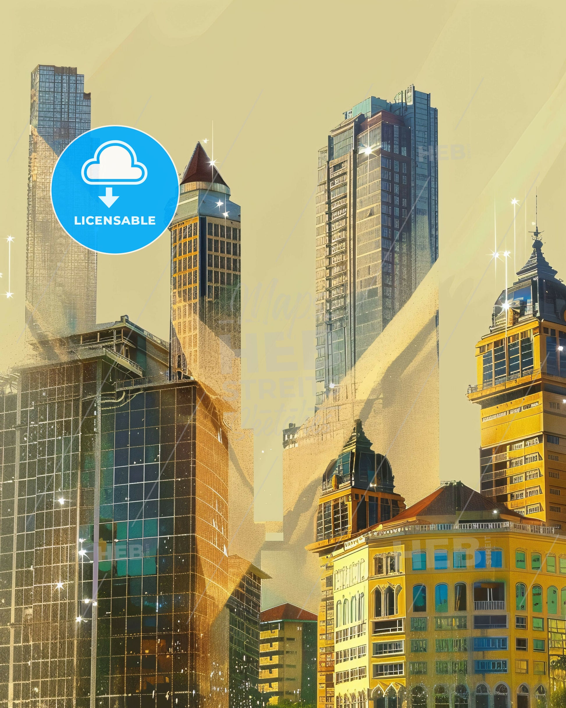 Quezon City Skyline Art - Beige Backlit Sparkle Print - A group of tall buildings