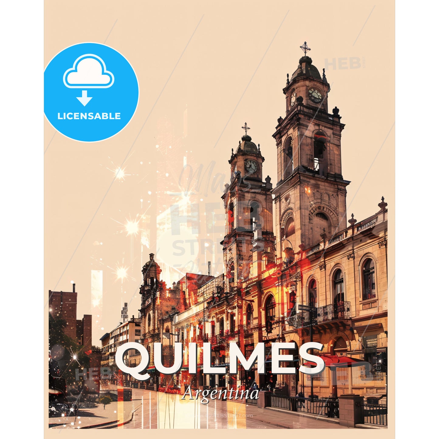 Quilmes City Skyline Composite Art on Beige - A building with a clock tower - Square format print template