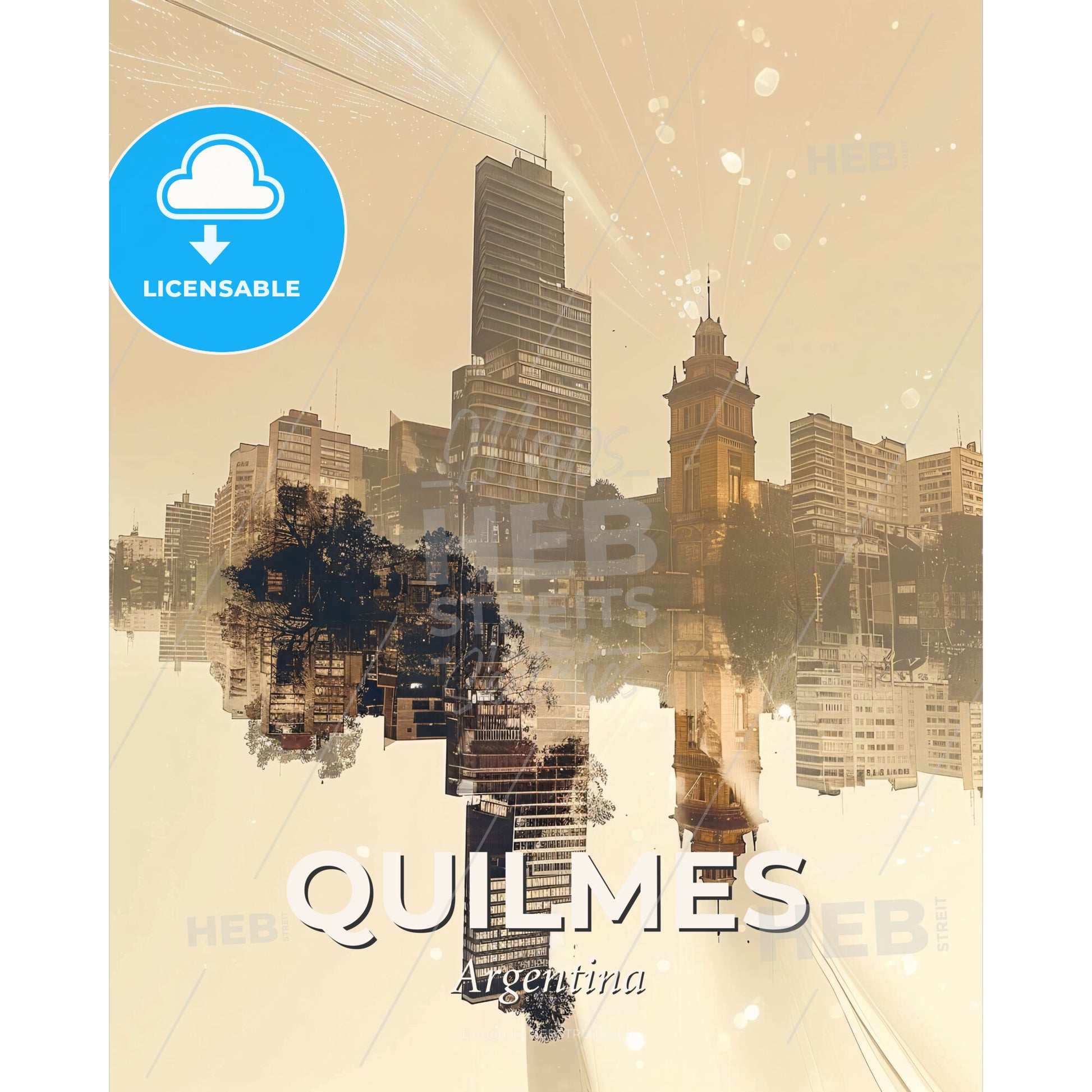 Quilmes Skyline Double Exposure Art Deco - A city with trees and buildings - Square format print template