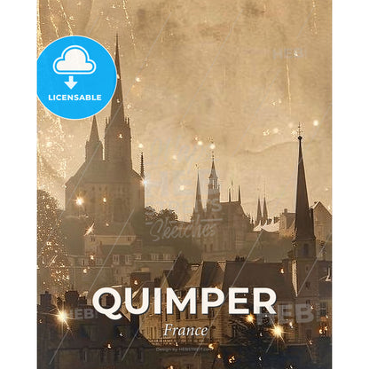 Quimper Skyline Silhouette Composite Art Poster - A city with towers and buildings - Square format print template