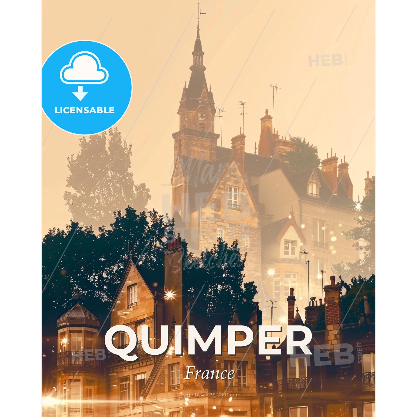 Quimper Brightscape: Skyline Silhouette Cityscape Art - A group of buildings with trees in the background - Square format print template