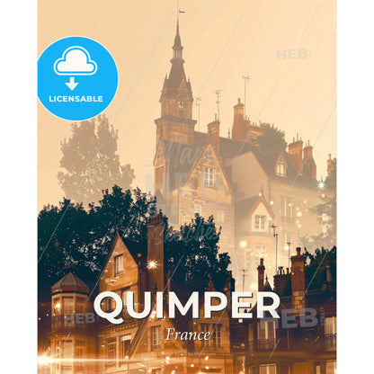 Quimper Brightscape: Skyline Silhouette Cityscape Art - A group of buildings with trees in the background - Square format print template