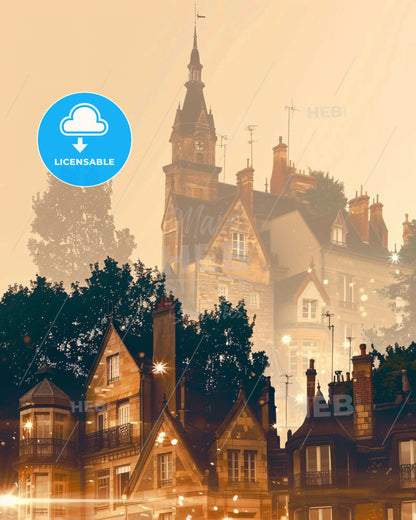 Quimper Brightscape: Skyline Silhouette Cityscape Art - A group of buildings with trees in the background