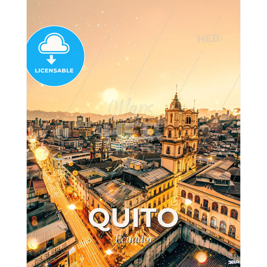 Quito Skyline in Double Exposure Art with Local Flavors - A city with many buildings and a street - Square format print template