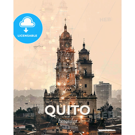 Quito City Skyline Composite Art Poster - A building with a clock tower - Square format print template