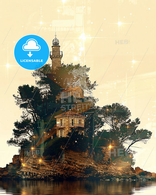 Re Island: Double Exposure Composite Art Poster - A house on a hill with trees and a light house