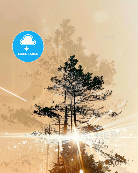 Ré Island: Double Exposure Art Poster with Local Landmarks - A tree with a light burst