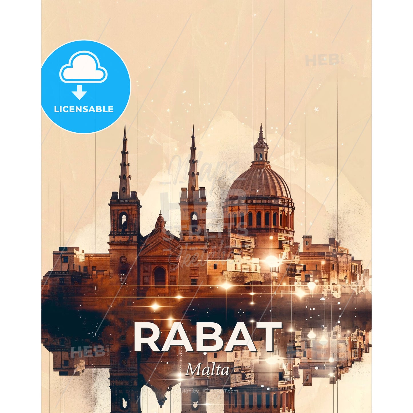 Rabat, Malta: Skyline Double Exposure Art Poster - A building with a dome and towers - Square format print template