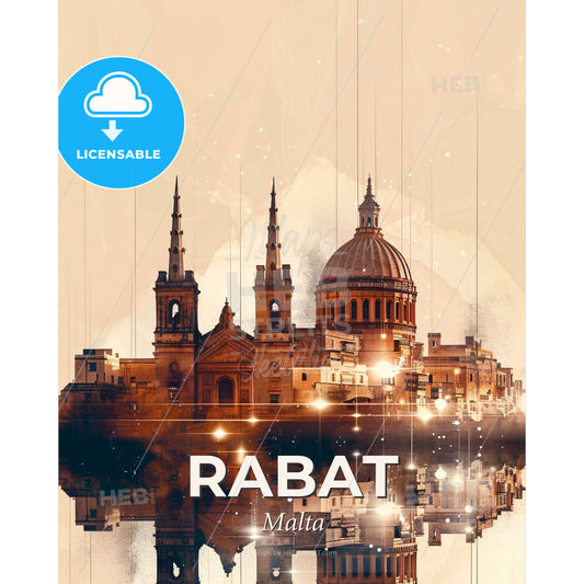Rabat, Malta: Skyline Double Exposure Art Poster - A building with a dome and towers - Square format print template