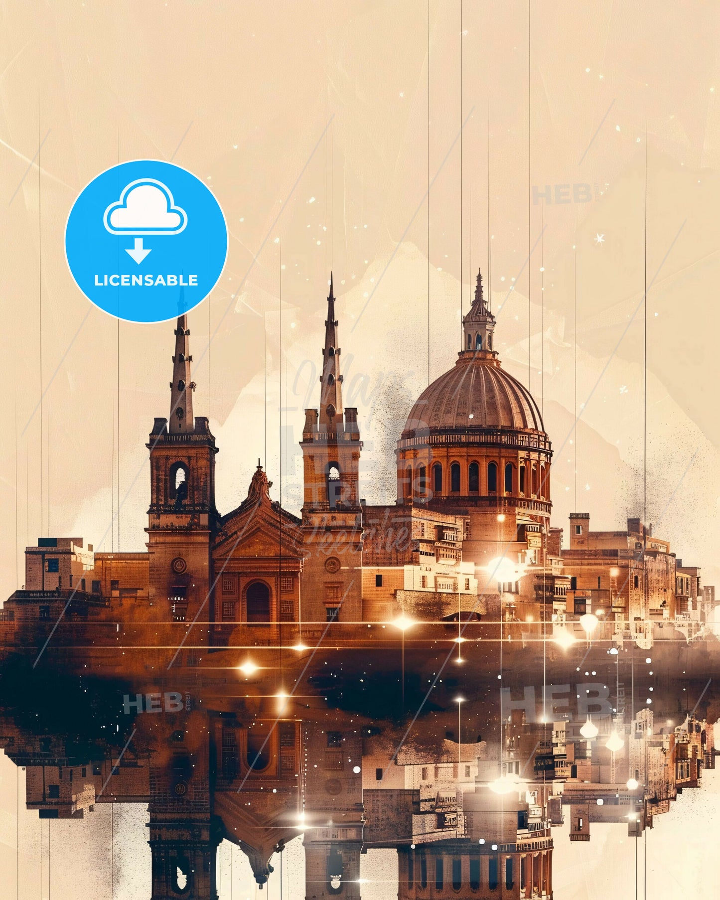 Rabat, Malta: Skyline Double Exposure Art Poster - A building with a dome and towers