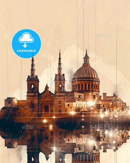 Rabat, Malta: Skyline Double Exposure Art Poster - A building with a dome and towers