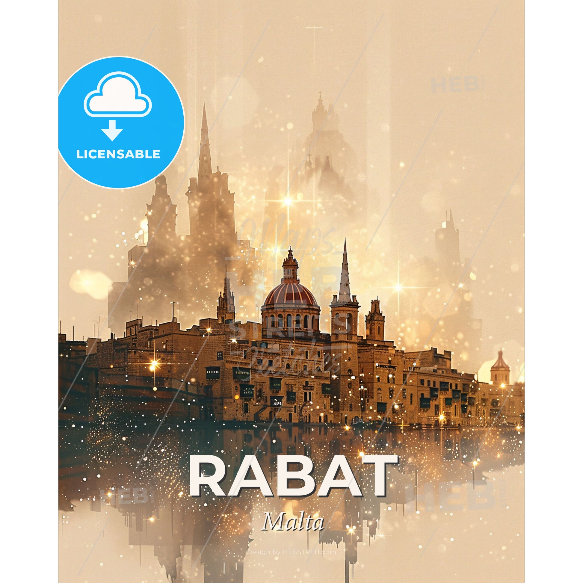 Rabat Skyline Icons Silhouette Paper Design - A city with many towers and a reflection of the water - Square format print template