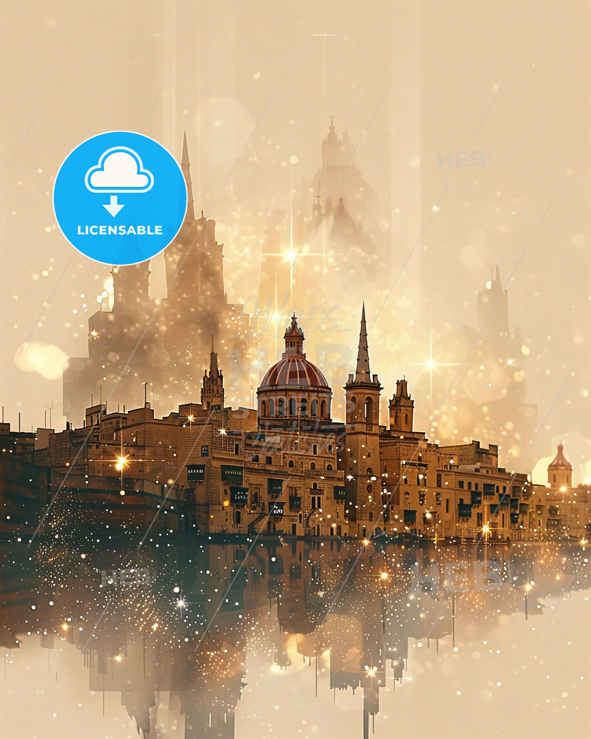 Rabat Skyline Icons Silhouette Paper Design - A city with many towers and a reflection of the water