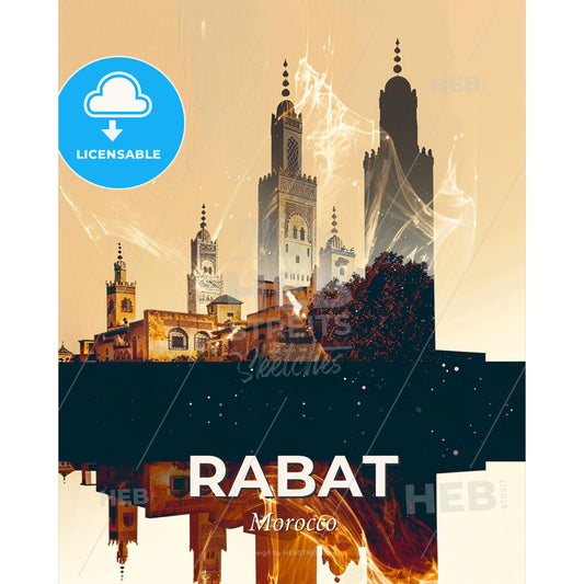 Rabat Skyline Double Exposure Art Poster - A city with towers and a reflection of a fire - Square format print template