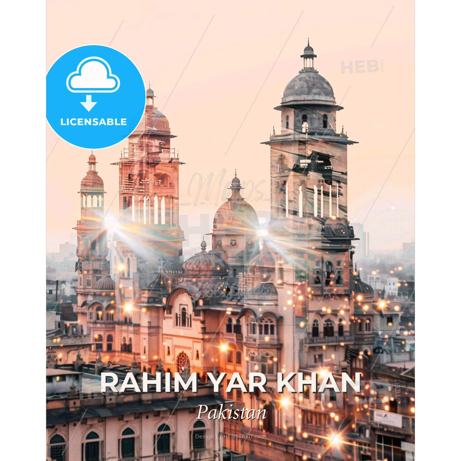 Rahim Yar Khan Skyline Double Exposure Art - A large building with towers and lights - Square format print template