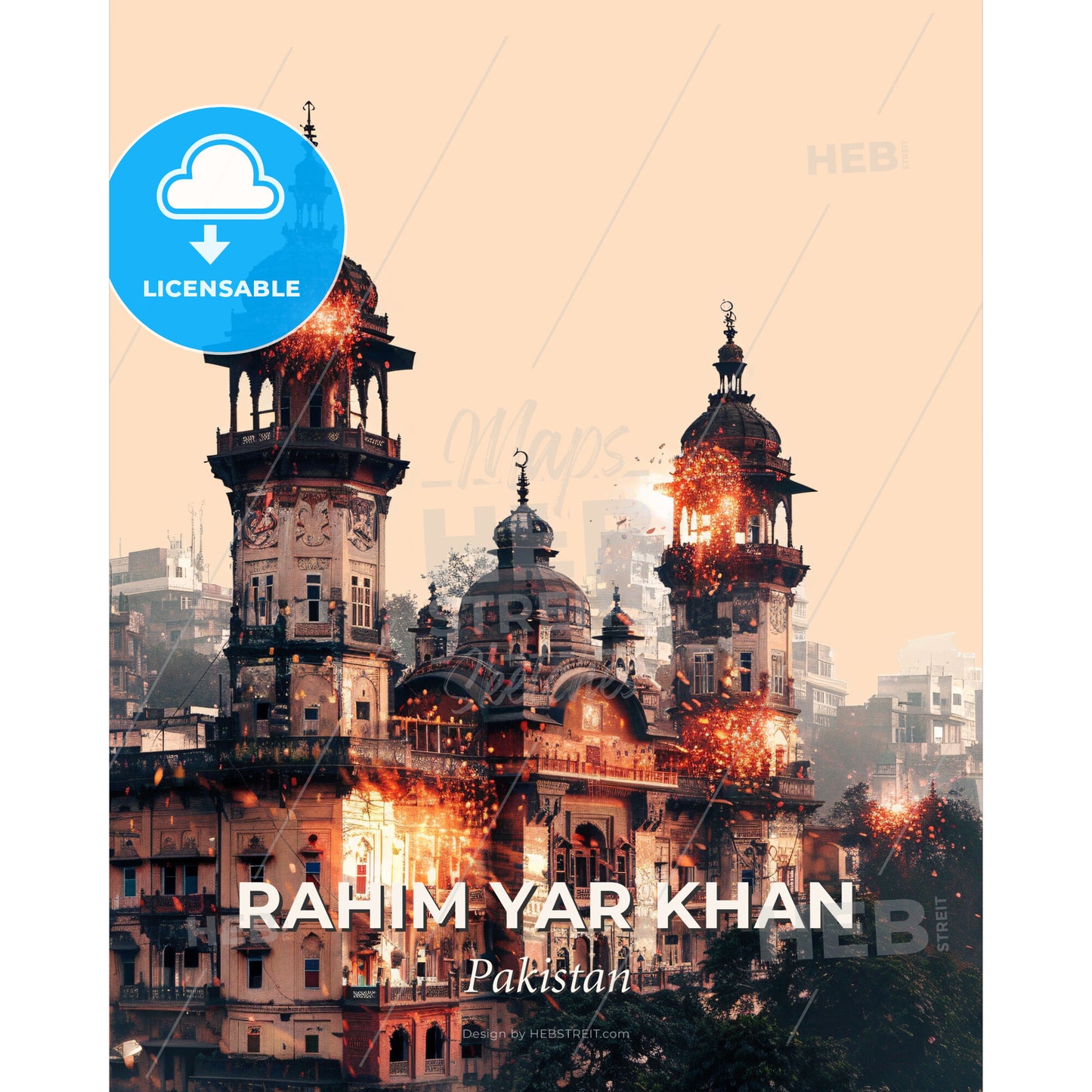 Rahim Yar Khan's Skyline on Bright Beige - A building with towers and fireworks - Square format print template