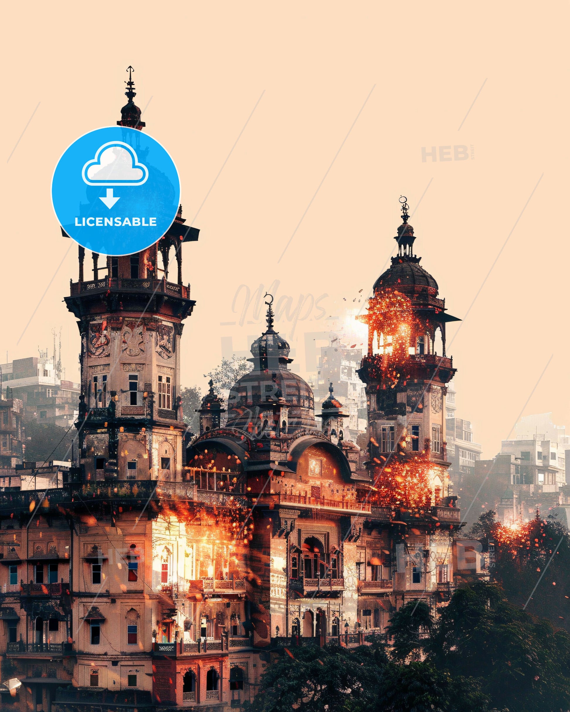 Rahim Yar Khan's Skyline on Bright Beige - A building with towers and fireworks