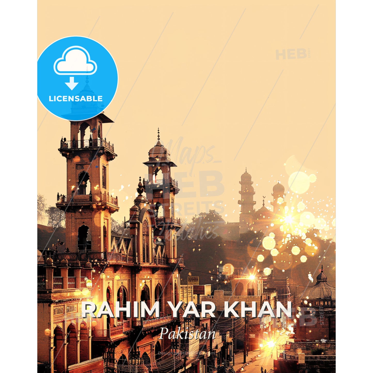 Rahim Yar Khan Skyline Art Print - A building with towers and lights - Square format print template