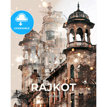 Rajkot: Vibrant Cityscape Silhouette with Sparkle - A building with a tower - Square format print template