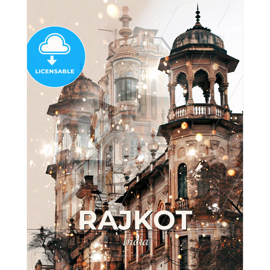 Rajkot: Vibrant Cityscape Silhouette with Sparkle - A building with a tower - Square format print template
