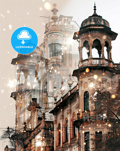 Rajkot: Vibrant Cityscape Silhouette with Sparkle - A building with a tower