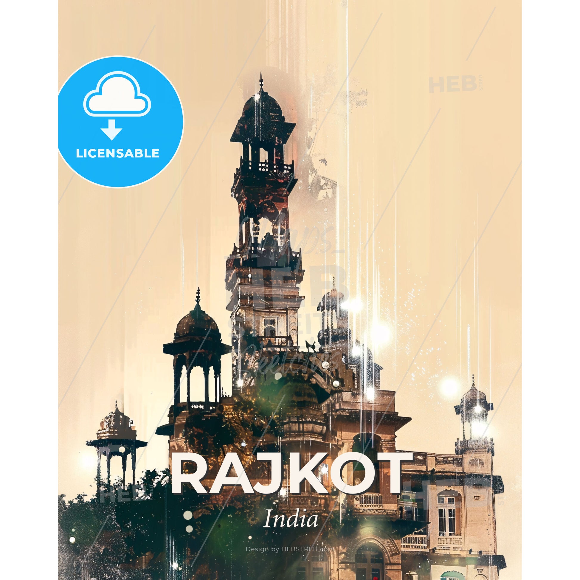 Rajkot: Local Architecture Icons Double-Exposure City Skyline - A building with a tower - Square format print template