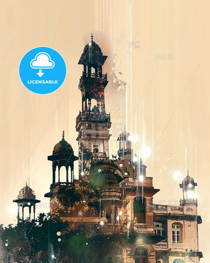 Rajkot: Local Architecture Icons Double-Exposure City Skyline - A building with a tower