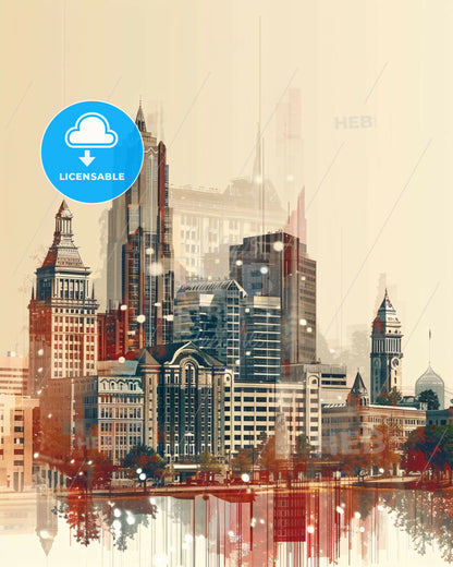 Raleigh's Skyline: Double Exposure Art - A city skyline with many tall buildings