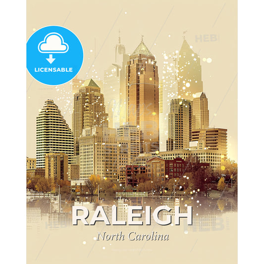 Raleigh City Lights Skyline Composite Poster Art - A city skyline with trees and water - Square format print template