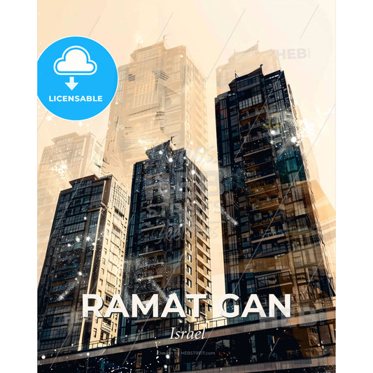 Ramat Gan Skyline Double Exposure Art Poster - A group of tall buildings - Square format print template