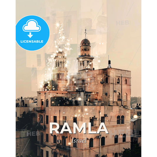 Ramla City Skyline Architecture Composite Poster Art - A building with a tower and a tower on top - Square format print template