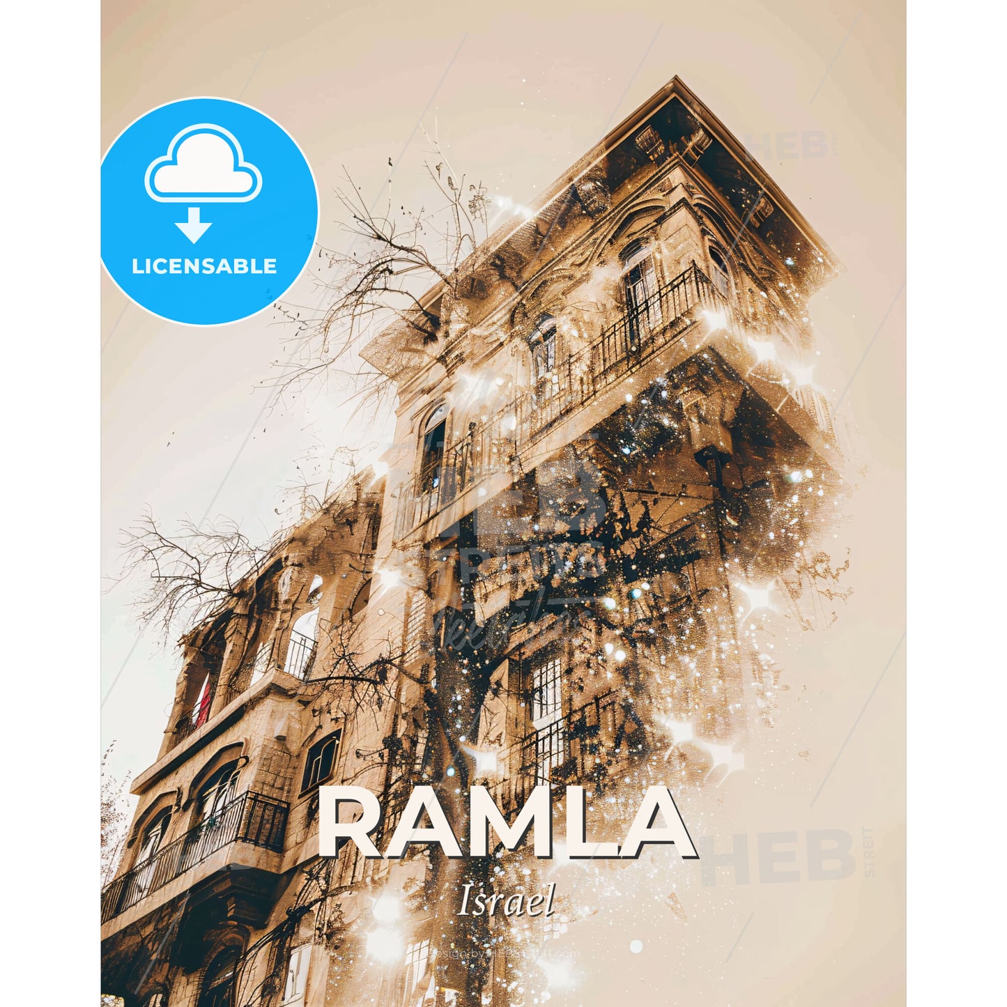 Ramla City Skyline Double Exposure Artwork - A building with trees and lights - Square format print template