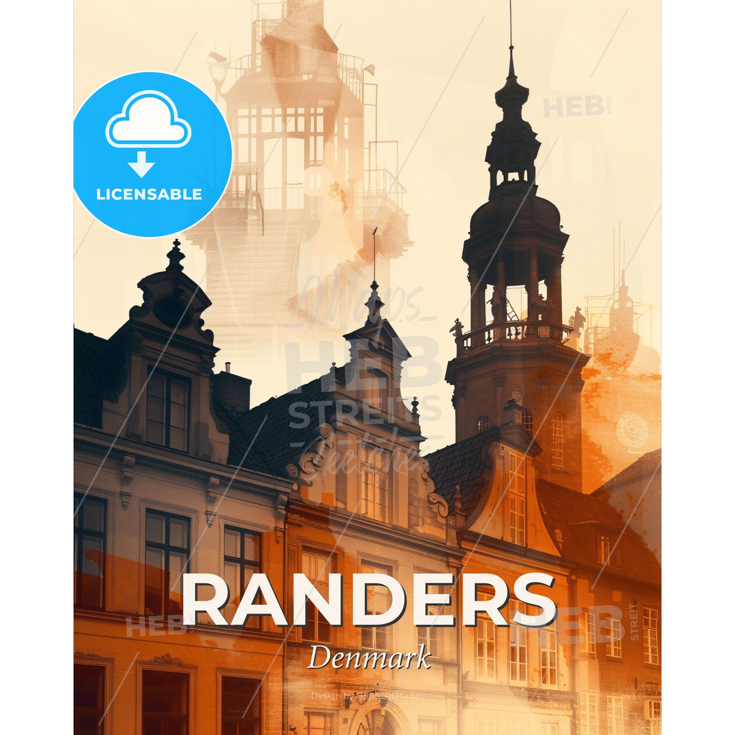 Randers Skyline Photographic Art Deco Poster - A building with towers and a tower in the background - Square format print template