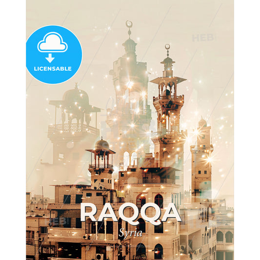 Raqqa Skyline Double Exposure Art Poster - A building with many towers - Square format print template