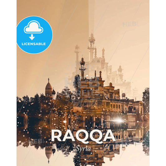 Raqqa Cityscape Beige Poster Night Light Hues - A building with trees and buildings in the background - Square format print template
