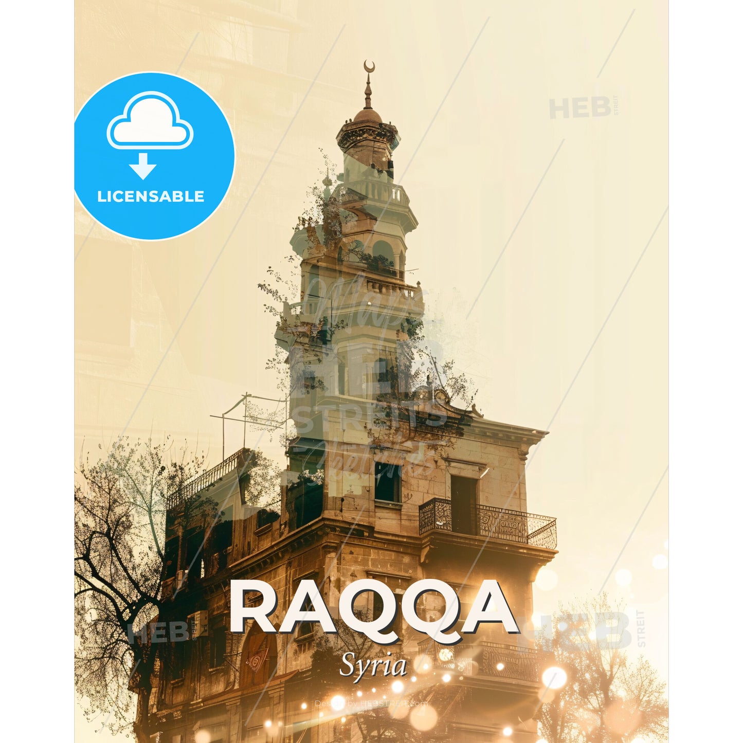 Raqqa City Skyline Iconic Art Double Exposure - A building with a tower - Square format print template