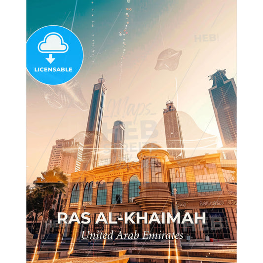 Ras al-Khaimah City Skyline Silhouette Poster - A building with a large building and a large building with a large building - Square format print template
