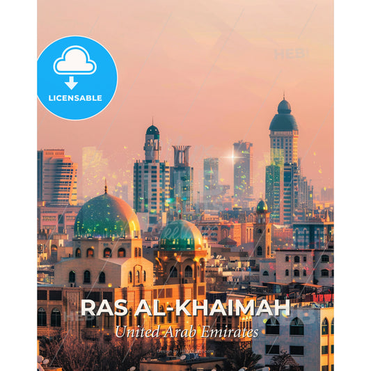Ras al-Khaimah Skyline Double Exposure Art - A city skyline with many buildings - Square format print template