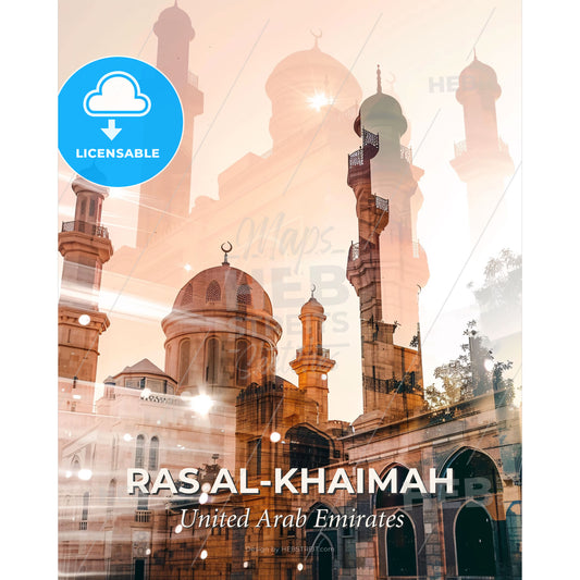Ras al-Khaimah City Skyline Poster - A large building with towers and a moon on top - Square format print template