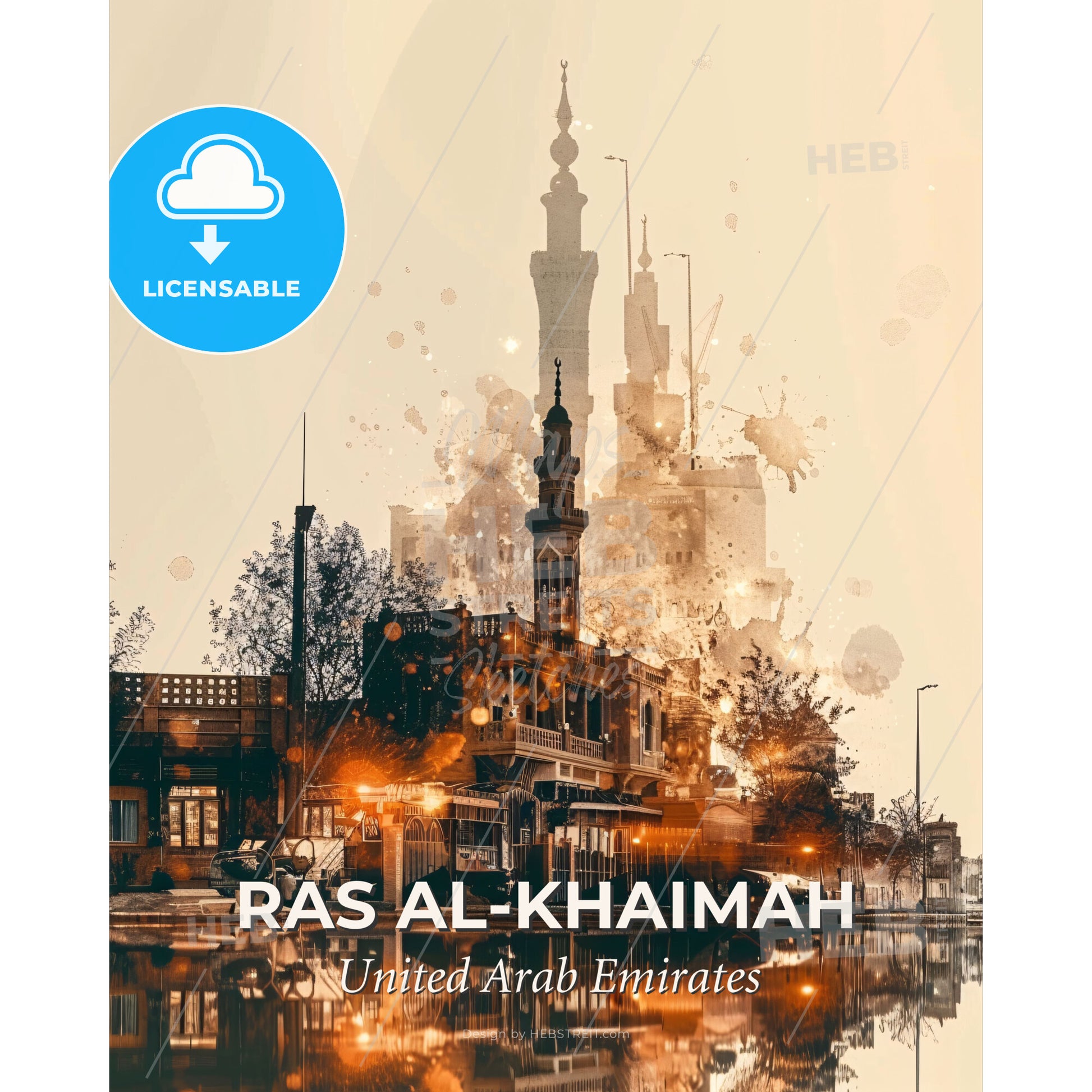 Ras al-Khaimah City Art Skyline Poster - A building next to a body of water - Square format print template