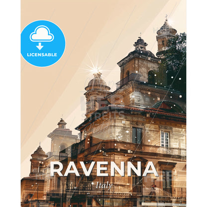 Ravenna: City Lights Architectural Skyline Art Deco - A building with a tree and snow - Square format print template