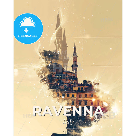 Ravenna City Skyline Composite Art on Beige - A building with towers and a tower - Square format print template